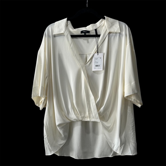 Theory NWT Twist Blouse In Stretch Silk Cream Short Sleeve Size XL M010256 - Picture 4 of 10